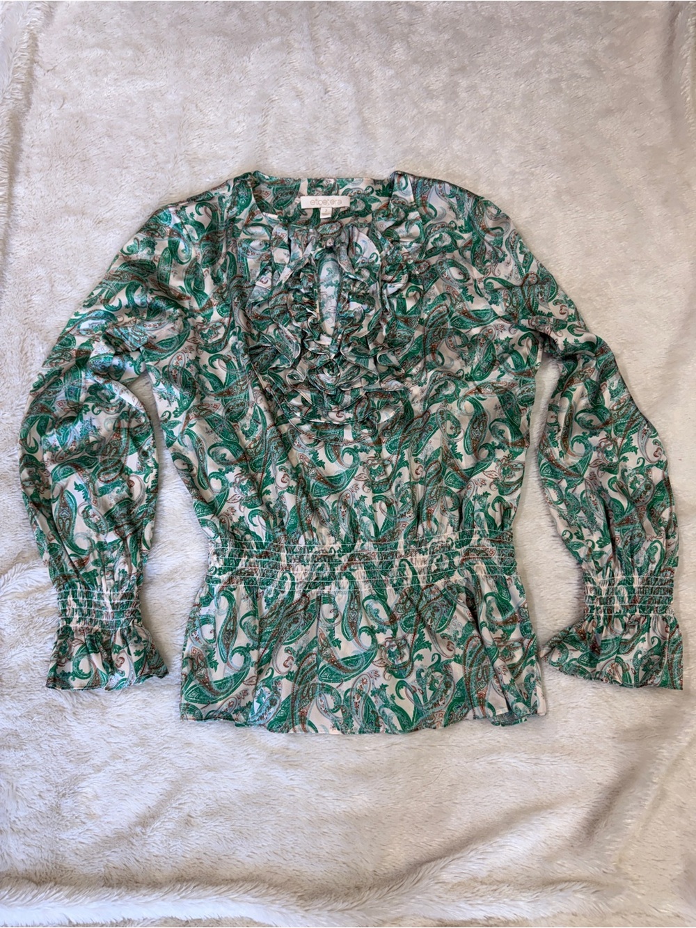 Etcetera Green Paisley Ruffle-Front Blouse